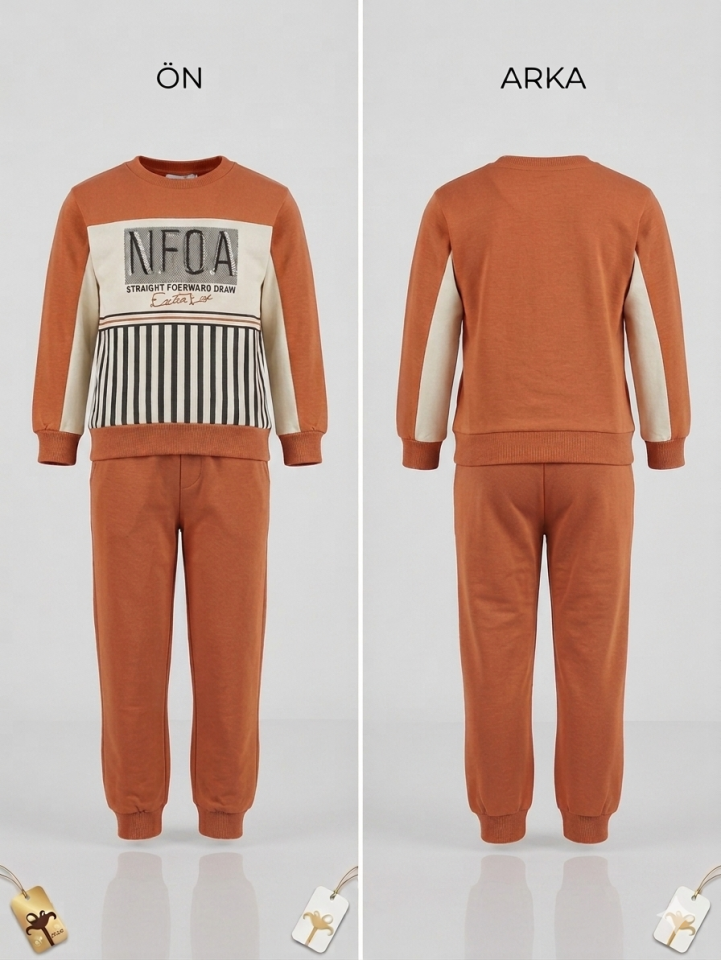 Erkek Çocuk Pamuklu Baskılı Turuncu Eşofman Takımı