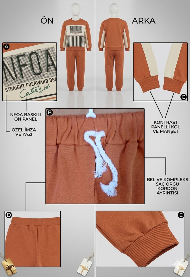 Erkek Çocuk Pamuklu Baskılı Turuncu Eşofman Takımı