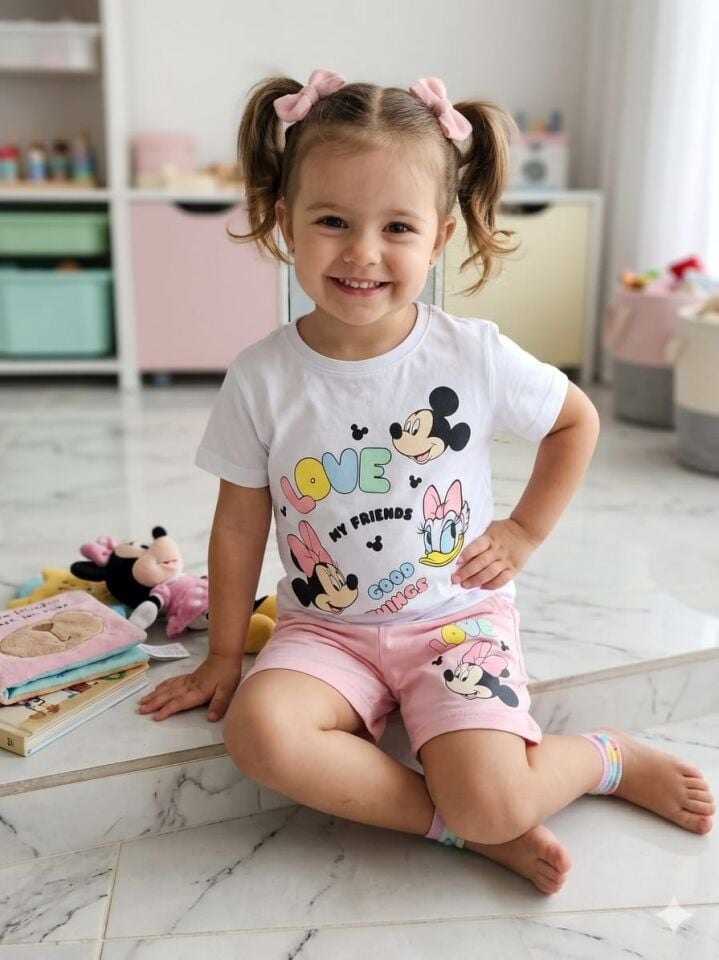 Kız Mickey Baskılı Şortlu Takım