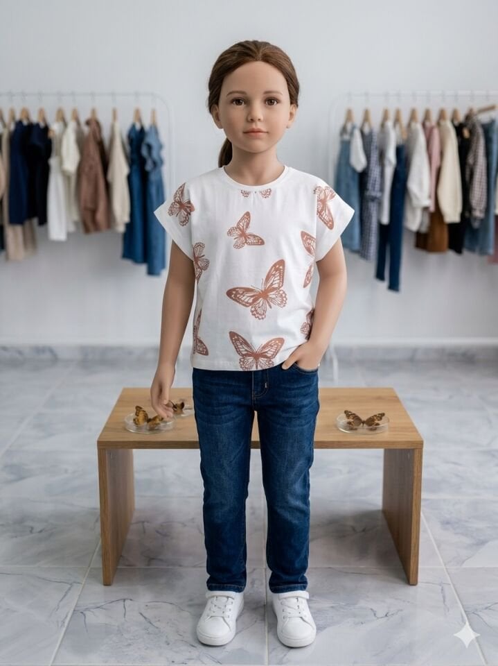 Kelebek Baskılı Kız Tshirt